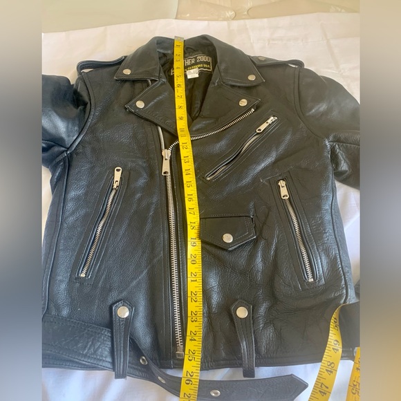 Vintage Leather 2000 Black Genuine Leather Moto Biker Jacket with Belt - Picture 11 of 12